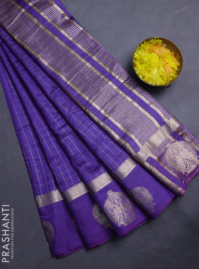 Semi chanderi saree violet and light green with allover zari checked pattern and zari woven butta border