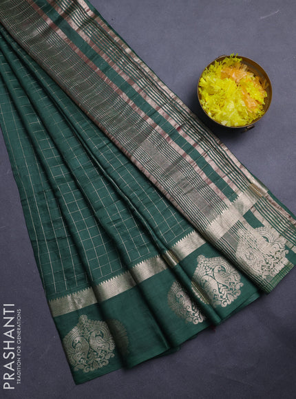 Semi chanderi saree green and dark pink with allover zari checked pattern and zari woven butta border