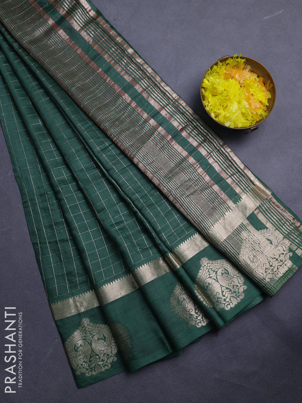 Semi chanderi saree green and dark pink with allover zari checked pattern and zari woven butta border