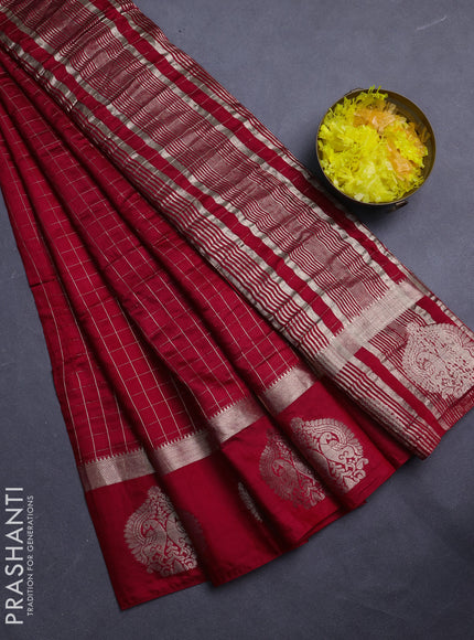 Semi chanderi saree red and green with allover zari checked pattern and zari woven butta border