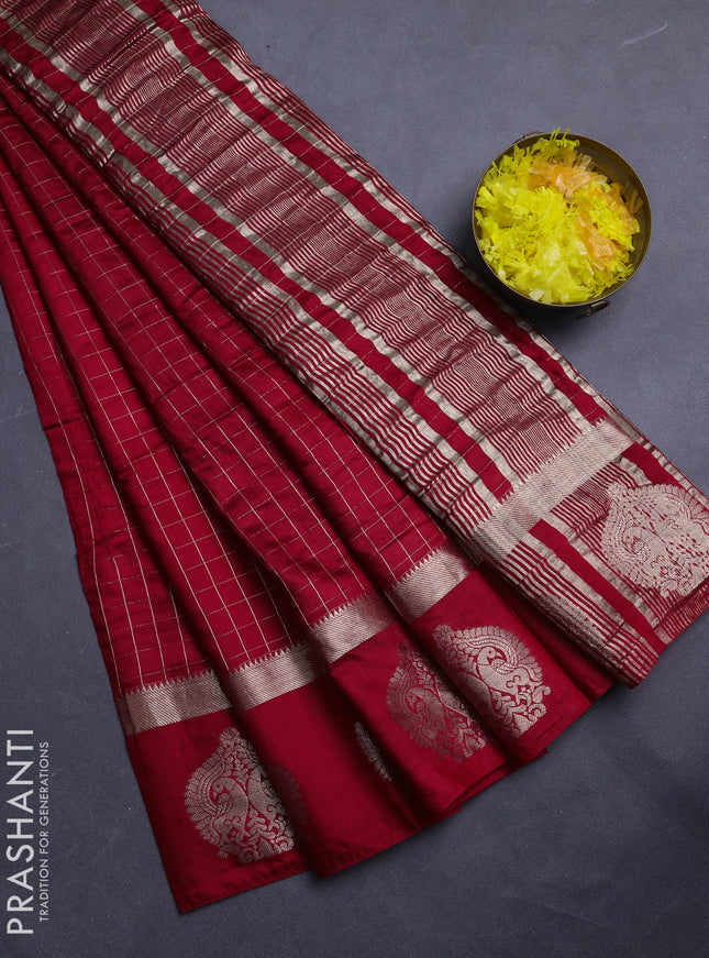 Semi chanderi saree red and green with allover zari checked pattern and zari woven butta border