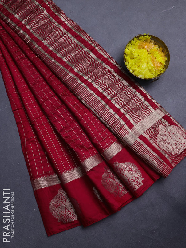 Semi chanderi saree red and green with allover zari checked pattern and zari woven butta border