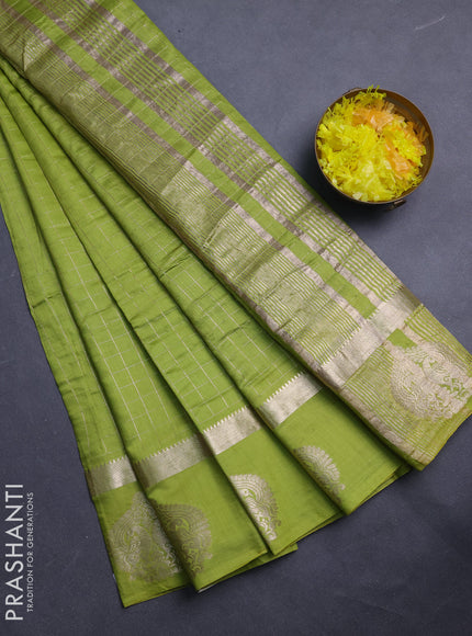 Semi chanderi saree light green and violet with allover zari checked pattern and zari woven butta border