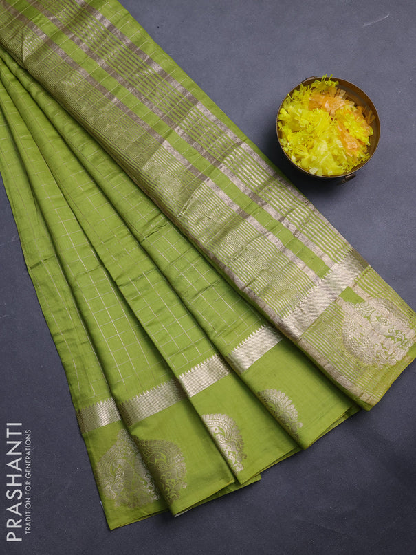 Semi chanderi saree light green and violet with allover zari checked pattern and zari woven butta border