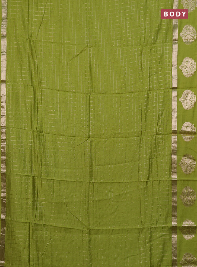 Semi chanderi saree light green and violet with allover zari checked pattern and zari woven butta border