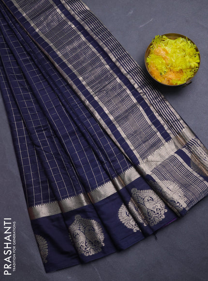 Semi chanderi saree navy blue and violet with allover zari checked pattern and zari woven butta border
