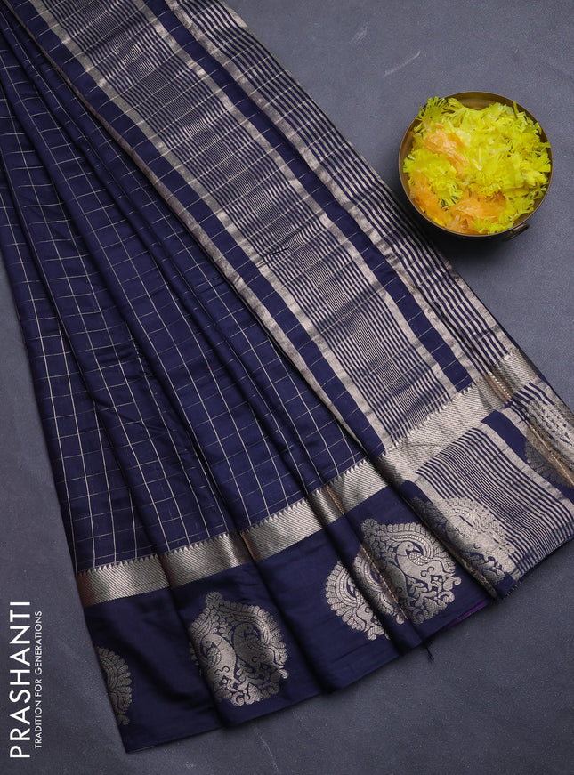Semi chanderi saree navy blue and violet with allover zari checked pattern and zari woven butta border