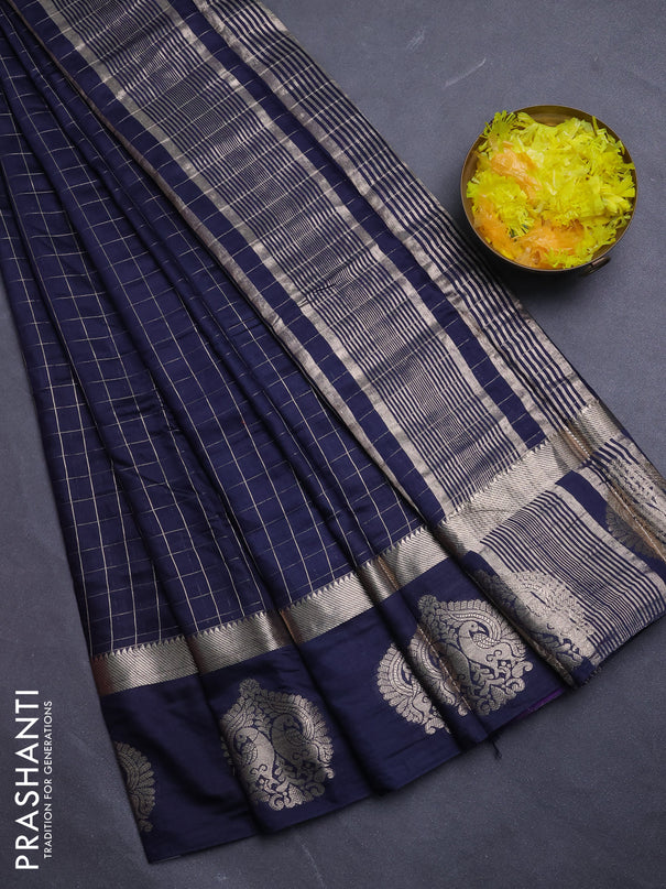 Semi chanderi saree navy blue and violet with allover zari checked pattern and zari woven butta border