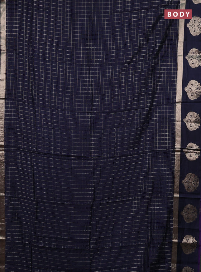 Semi chanderi saree navy blue and violet with allover zari checked pattern and zari woven butta border