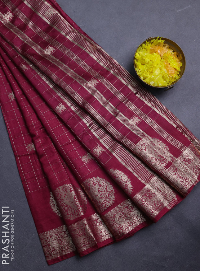 Semi chanderi saree deep maroon and green with allover zari checks & butta and zari woven butta border