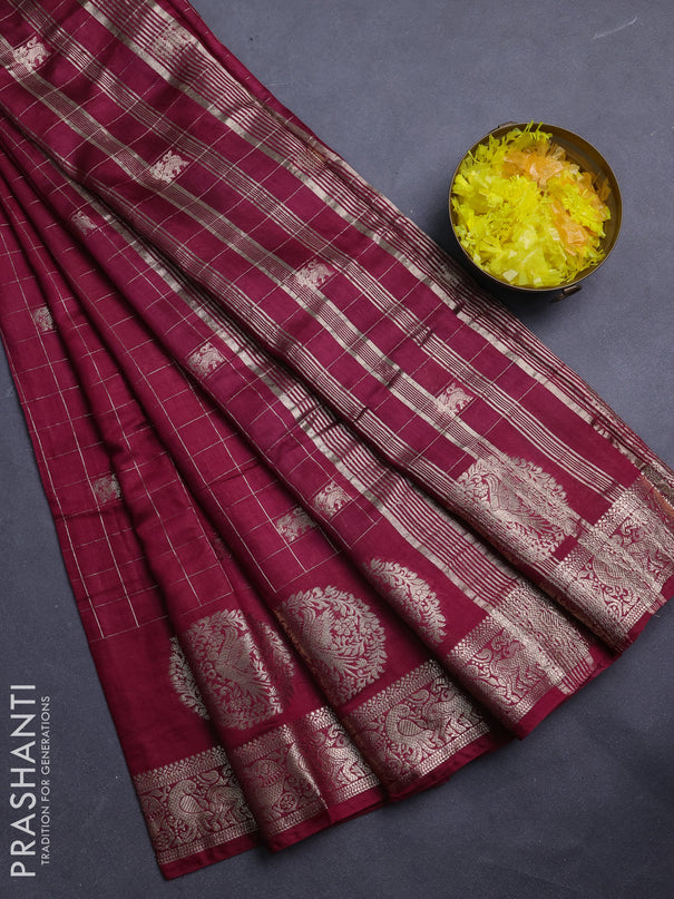 Semi chanderi saree deep maroon and green with allover zari checks & butta and zari woven butta border