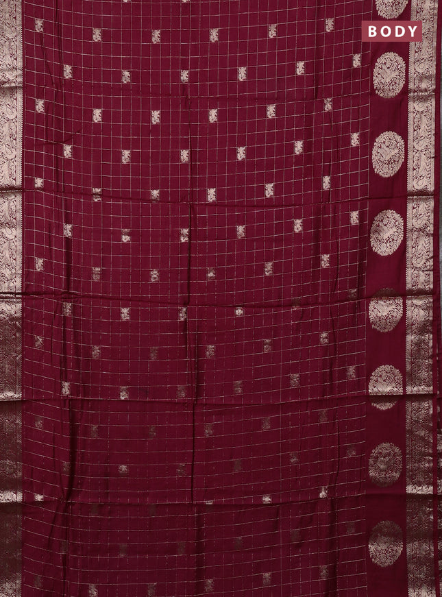 Semi chanderi saree deep maroon and green with allover zari checks & butta and zari woven butta border