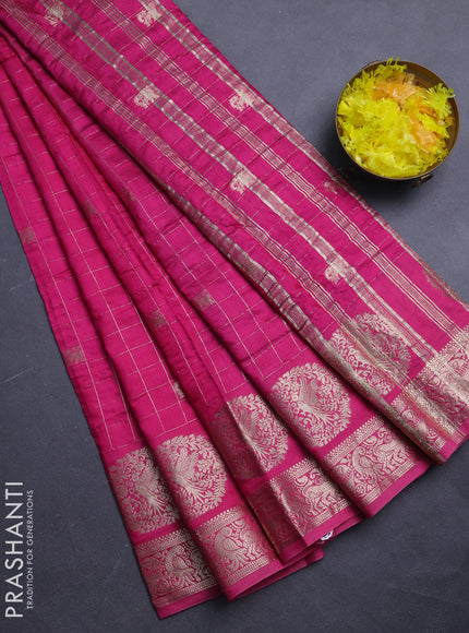 Semi chanderi saree dark pink and violet with allover zari checks & butta and zari woven butta border