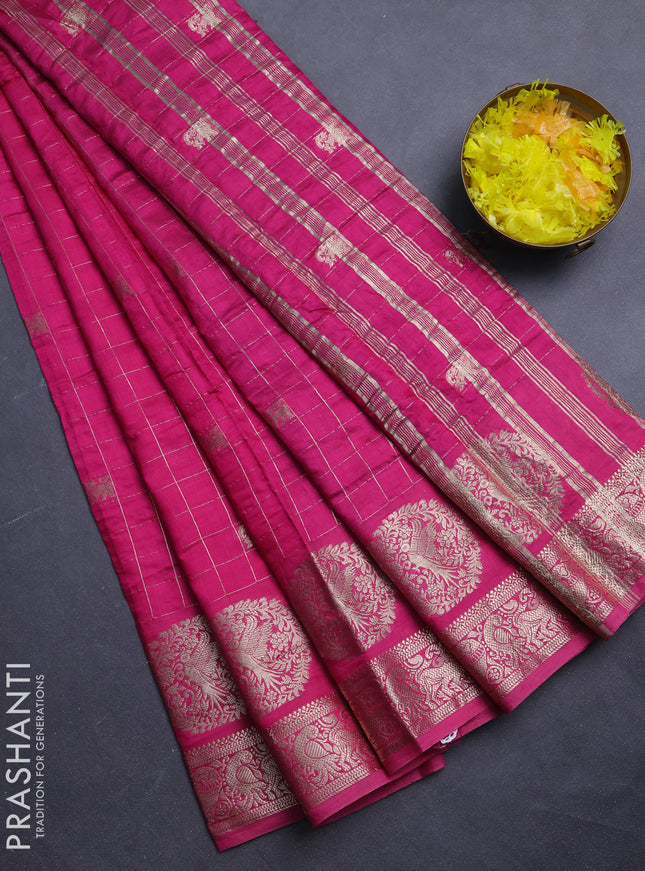 Semi chanderi saree dark pink and violet with allover zari checks & butta and zari woven butta border
