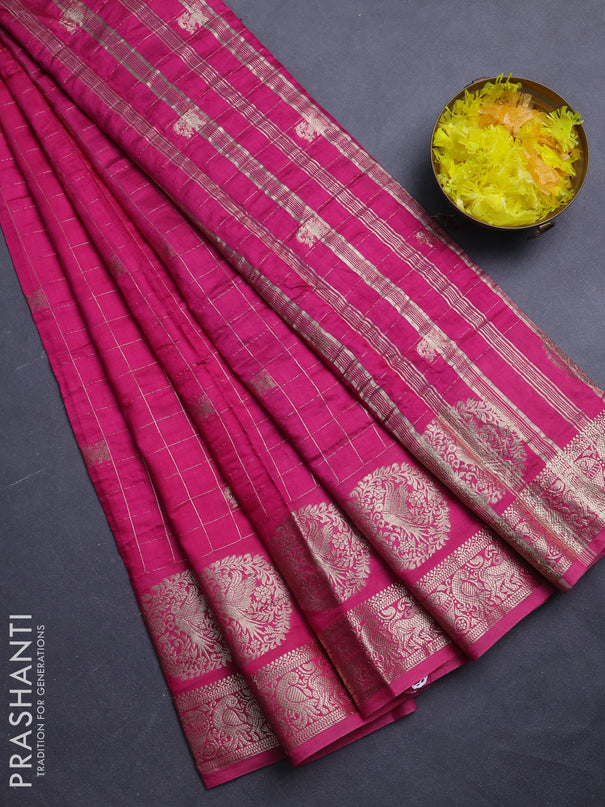 Semi chanderi saree dark pink and violet with allover zari checks & butta and zari woven butta border