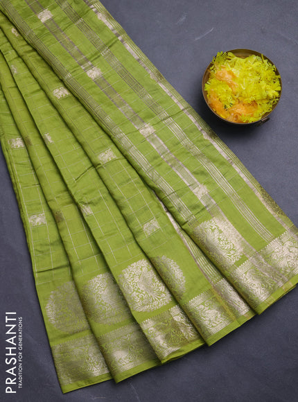 Semi chanderi saree light green and violet with allover zari checks & butta and zari woven butta border