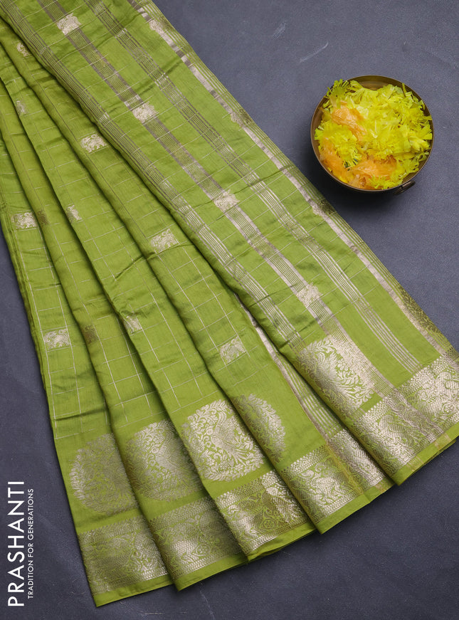 Semi chanderi saree light green and violet with allover zari checks & butta and zari woven butta border