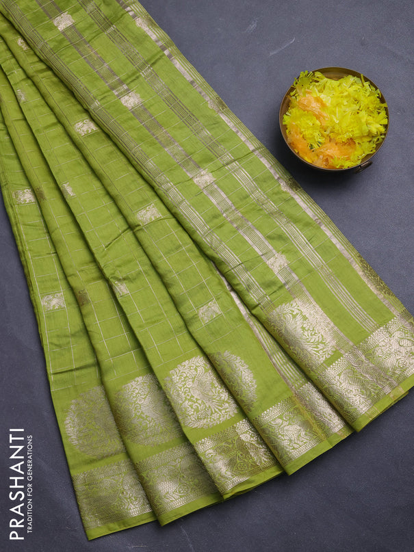Semi chanderi saree light green and violet with allover zari checks & butta and zari woven butta border
