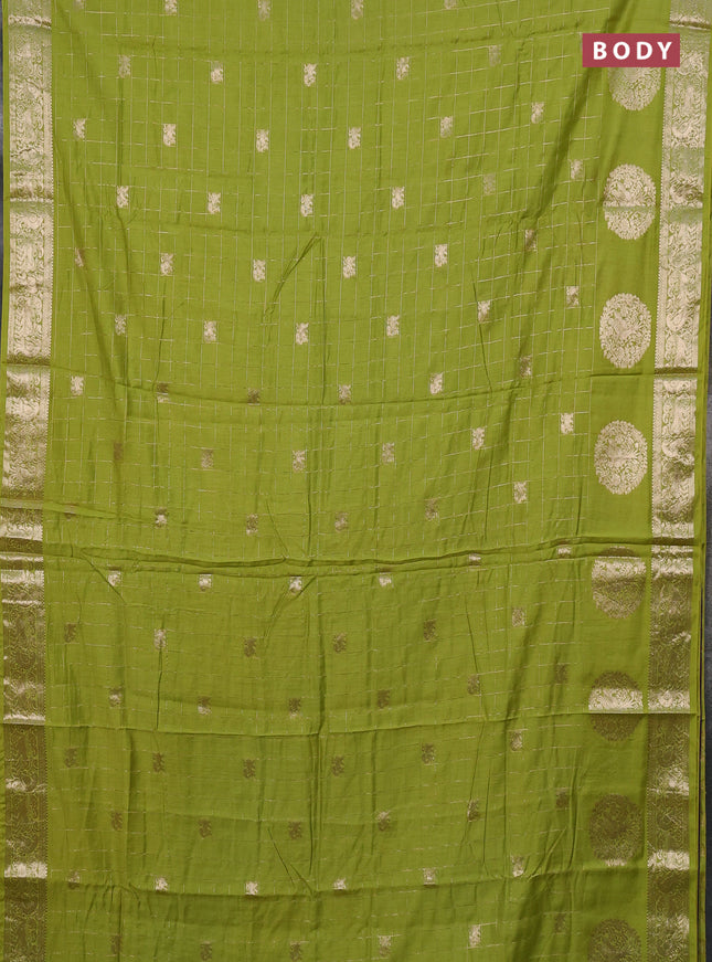 Semi chanderi saree light green and violet with allover zari checks & butta and zari woven butta border
