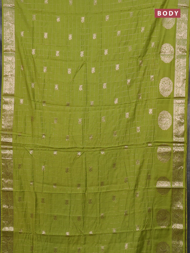 Semi chanderi saree light green and violet with allover zari checks & butta and zari woven butta border