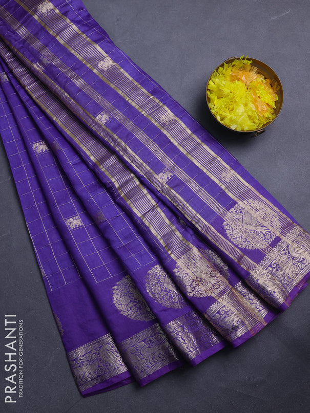Semi chanderi saree violet and light green with allover zari checks & butta and zari woven butta border