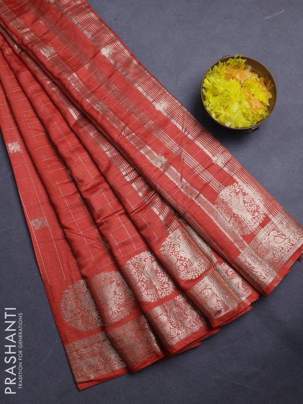 Semi chanderi saree rust shade and wine shade with allover zari checks & butta and zari woven butta border