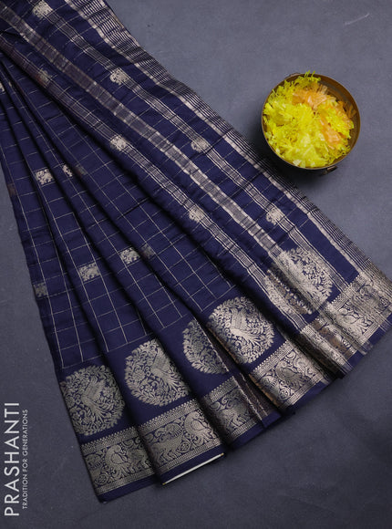 Semi chanderi saree navy blue and violet with allover zari checks & butta and zari woven butta border