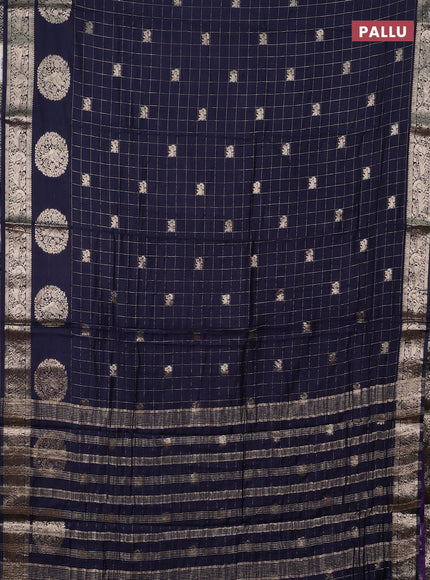 Semi chanderi saree navy blue and violet with allover zari checks & butta and zari woven butta border