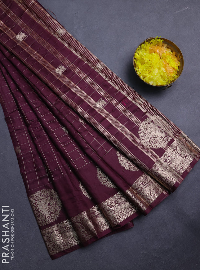 Semi chanderi saree deep wine and rust shade with allover zari checks & butta and zari woven butta border