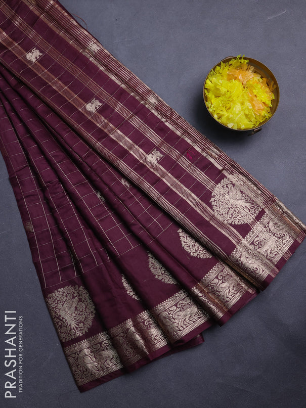 Semi chanderi saree deep wine and rust shade with allover zari checks & butta and zari woven butta border
