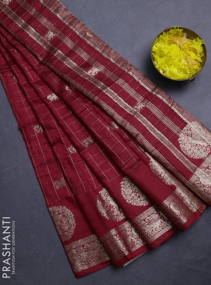 Semi chanderi saree red and green with allover zari checks & butta and zari woven butta border