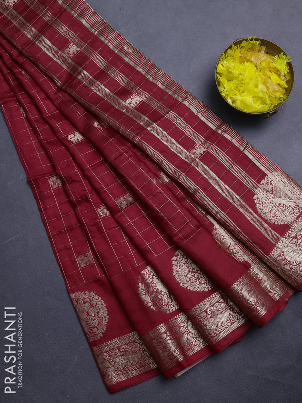 Semi chanderi saree red and green with allover zari checks & butta and zari woven butta border