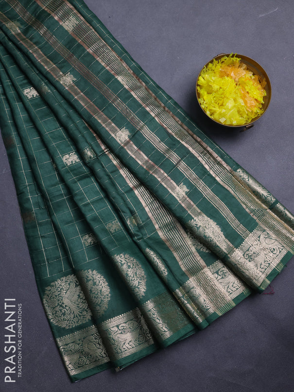 Semi chanderi saree green and light pink with allover zari checks & butta and zari woven butta border