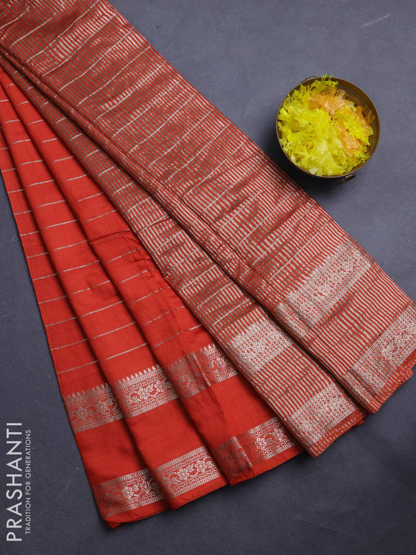 Semi chanderi saree rust shade and green with allover zari weaves and rettapet zari woven border
