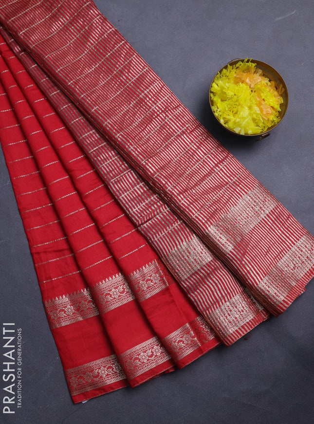 Semi chanderi saree red and violet with allover zari weaves and rettapet zari woven border