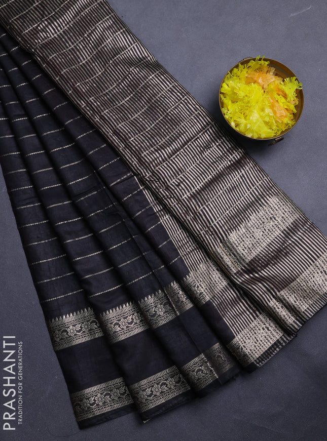 Semi chanderi saree black and maroon with allover zari weaves and rettapet zari woven border