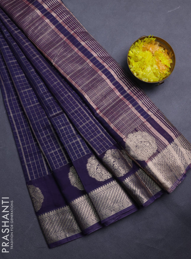 Semi chanderi saree navy blue and pink with allover zari checked pattern and zari woven butta border