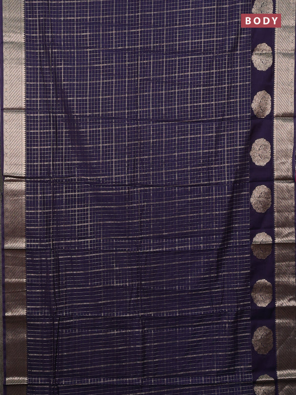Semi chanderi saree navy blue and pink with allover zari checked pattern and zari woven butta border