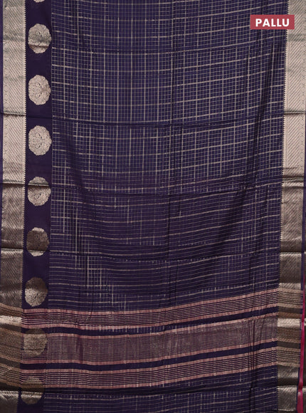 Semi chanderi saree navy blue and pink with allover zari checked pattern and zari woven butta border