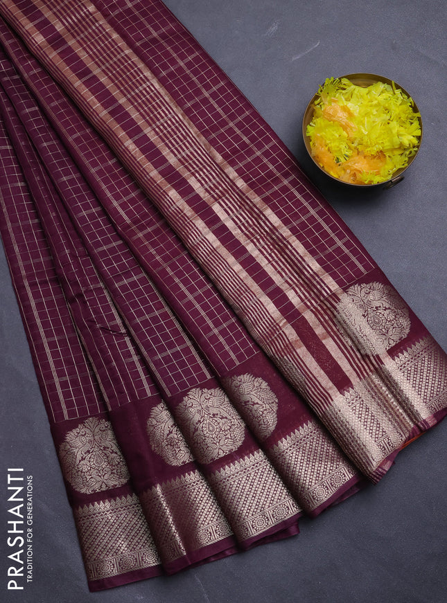 Semi chanderi saree deep wine shade and rust shade with allover zari checked pattern and zari woven butta border