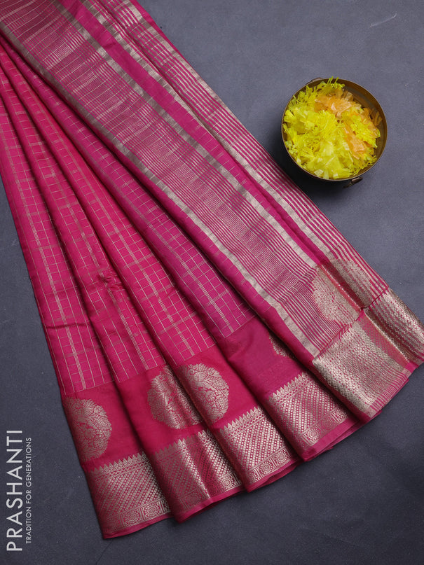 Semi chanderi saree mauve pink and violet with allover zari checked pattern and zari woven butta border