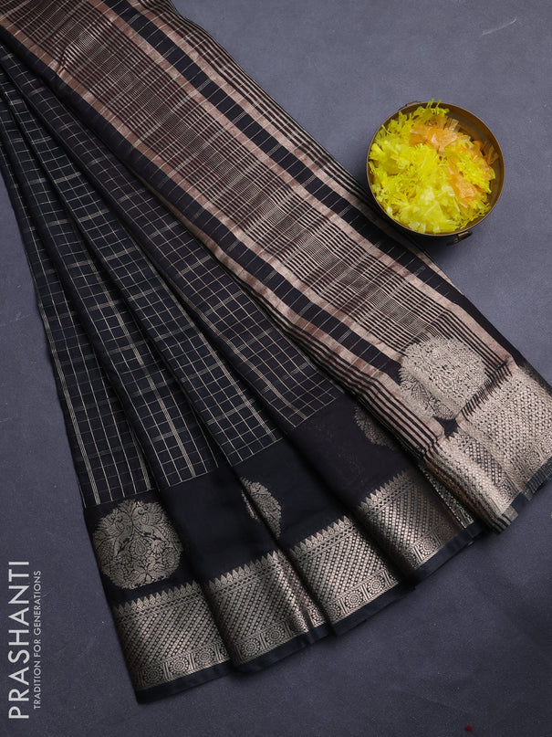 Semi chanderi saree black and red with allover zari checked pattern and zari woven butta border