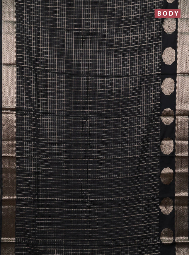 Semi chanderi saree black and red with allover zari checked pattern and zari woven butta border