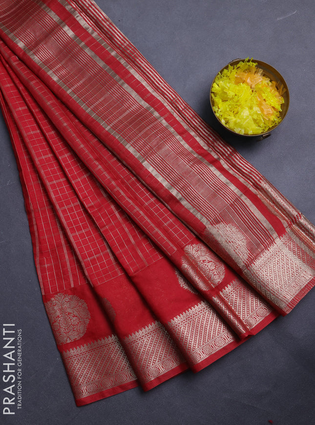Semi chanderi saree red and green with allover zari checked pattern and zari woven butta border