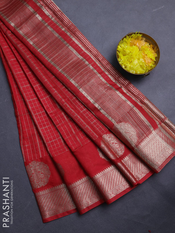 Semi chanderi saree red and green with allover zari checked pattern and zari woven butta border