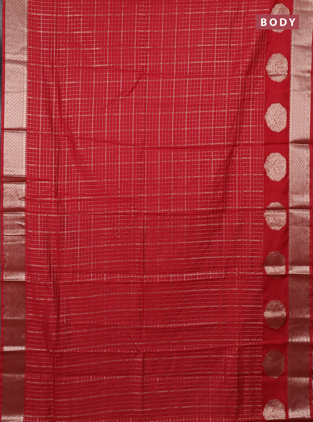 Semi chanderi saree red and green with allover zari checked pattern and zari woven butta border