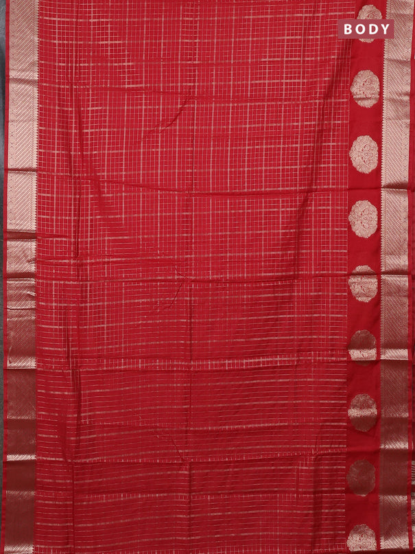 Semi chanderi saree red and green with allover zari checked pattern and zari woven butta border