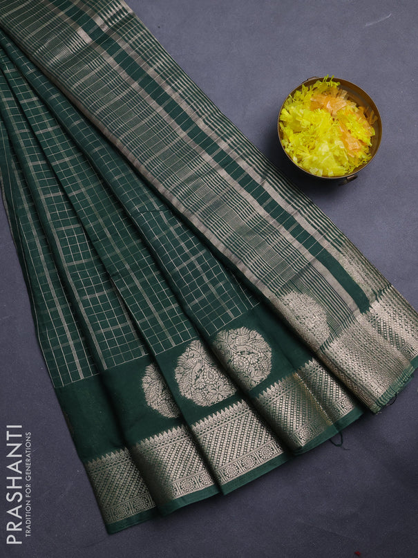 Semi chanderi saree green and violet with allover zari checked pattern and zari woven butta border