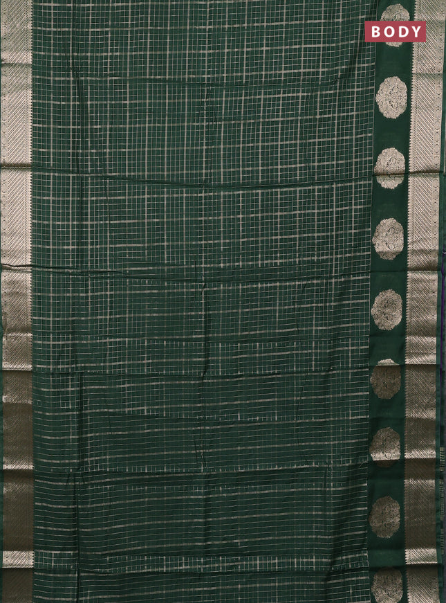 Semi chanderi saree green and violet with allover zari checked pattern and zari woven butta border