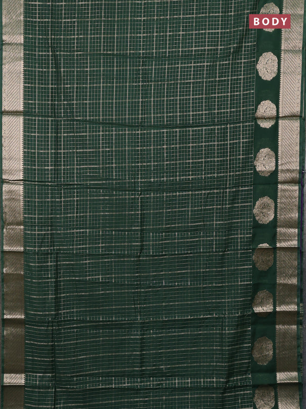 Semi chanderi saree green and violet with allover zari checked pattern and zari woven butta border